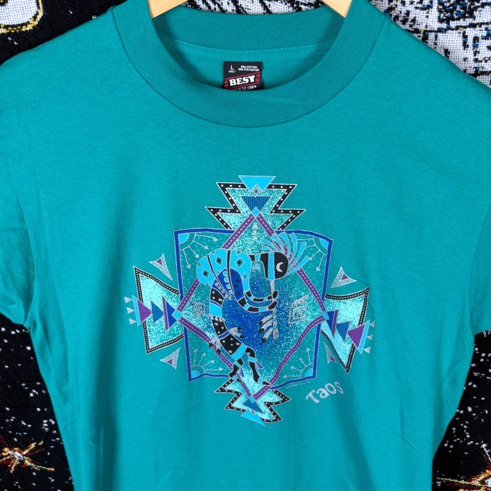 Vintage 90s Taos New Mexico Kokopelli T-Shirt Teal Single Stitch Fruit